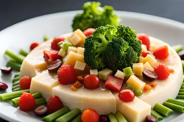 Een bord kaas met broccoli en tomaten