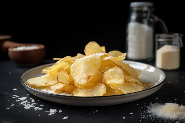 Een bord karnemelkchips met een snufje zout