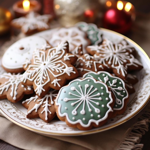 een bord kerstkoekjes met een kaars op de achtergrond.