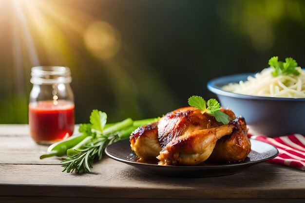 Een bord kip en een kom aardappelpuree met een pot groene uien op tafel.