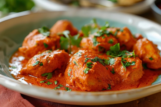 Een bord kip tikka masala een populair Indiase gerecht gemaakt van geroosterde kip stukken in een gekruide tomatgebaseerde saus