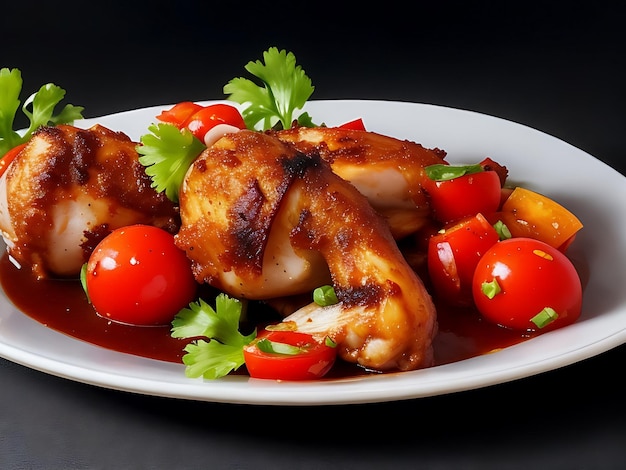 Een bord kippenpoot met tomatensalade