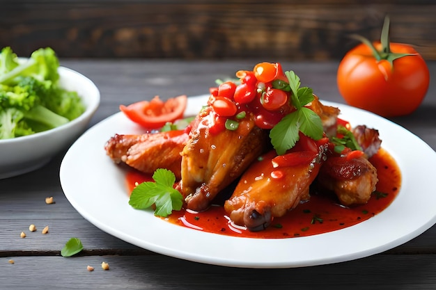 Een bord kippenvleugels met tomatensaus erbij