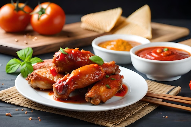 Een bord kippenvleugels met tomatensaus erbij