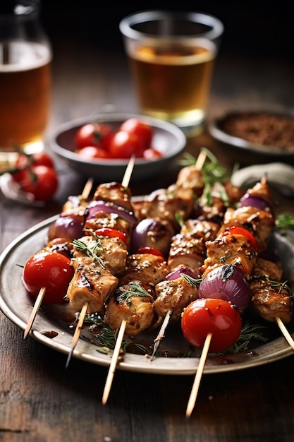 Foto een bord kipspiesjes met tomaten, uien en kruiden