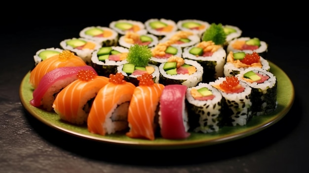 Een bord kleurrijke sushibroodjes met ingelegde gember en wasabi