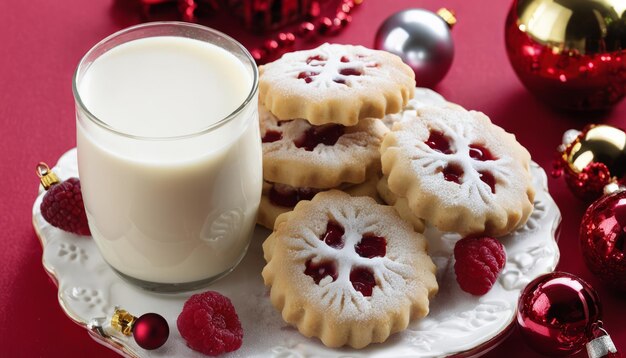 Een bord koekjes en een glas melk.