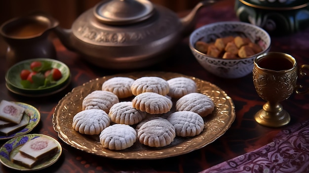 Een bord koekjes met een kom thee en een kom koekjes op tafel