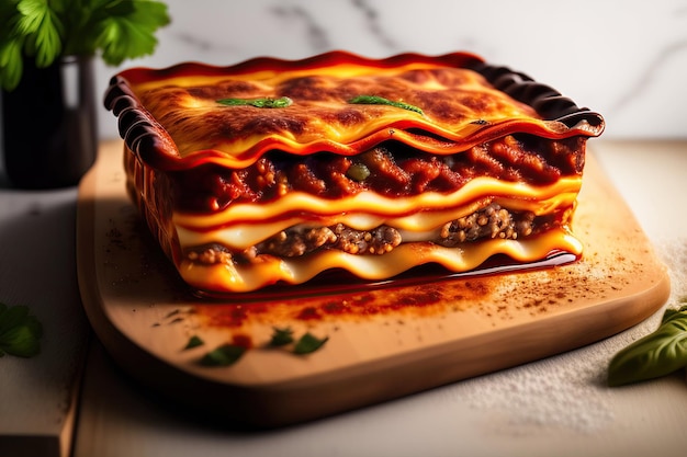 Een bord lasagne met daarop een bakje groene basilicum