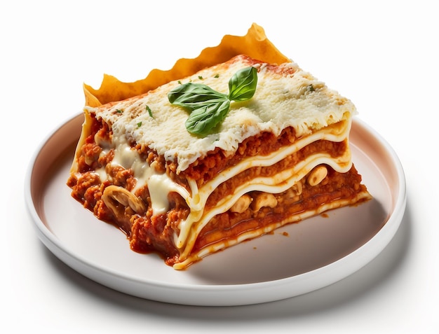 Een bord lasagne met daarop een plakje lasagne