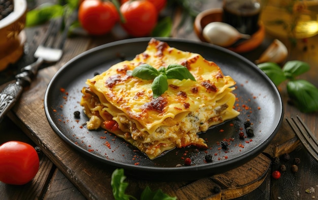 Een bord lasagne op de traditionele achtergrond professionele reclame foto van voedsel ai gegenereerd