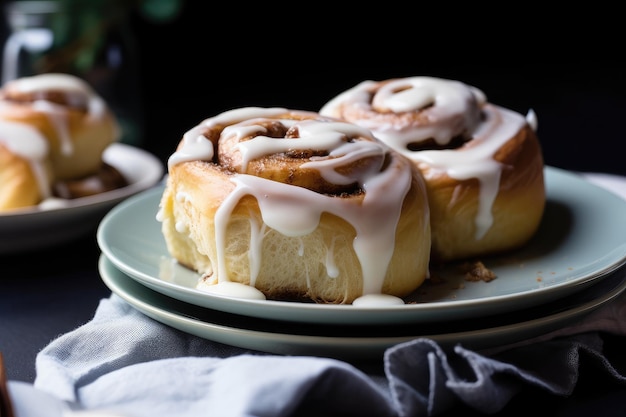 Een bord luchtige kaneelbroodjes met daarop zoete glazuur