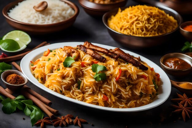 Een bord Malabar Biryani met rijst gekookt in kokosmelk en specerijen