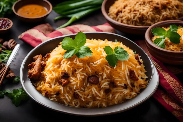 Een bord Malabar Biryani met rijst gekookt in kokosmelk en specerijen