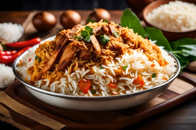 Een bord Malabar Biryani met rijst gekookt in kokosmelk en specerijen