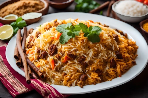 Een bord Malabar Biryani met rijst gekookt in kokosmelk en specerijen