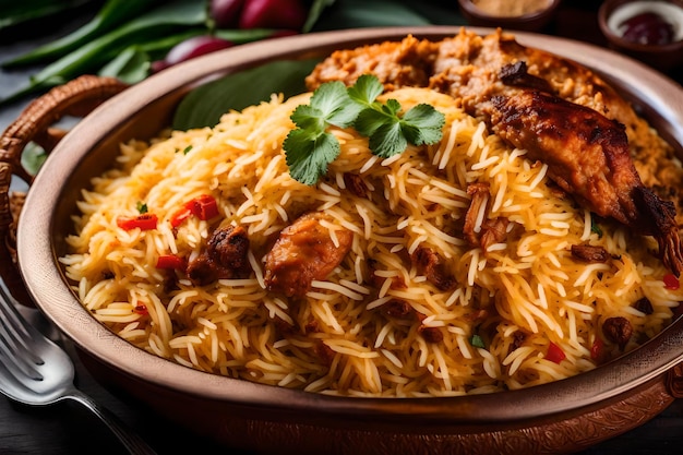 Een bord Malabar Biryani met rijst gekookt in kokosmelk en specerijen