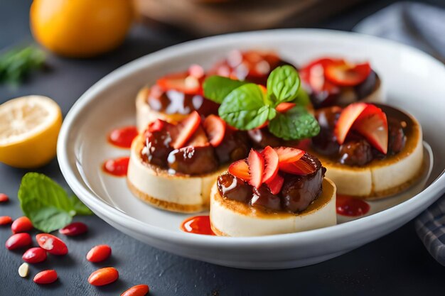 een bord met aardbeien en chocolade erop