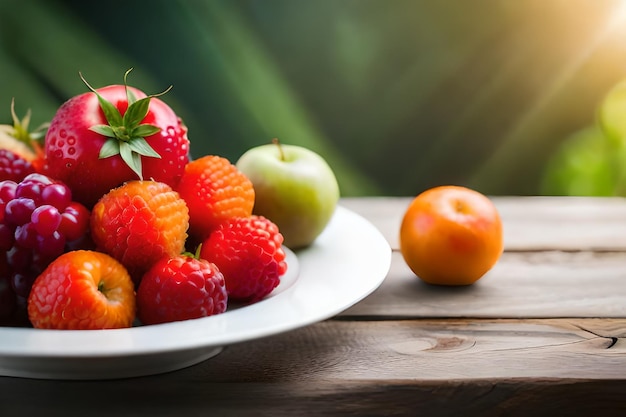 een bord met aardbeien en een appel op een houten tafel.