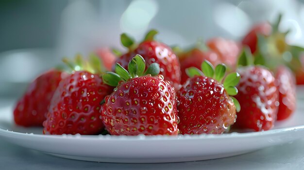 een bord met aardbeien met groene bladeren erop