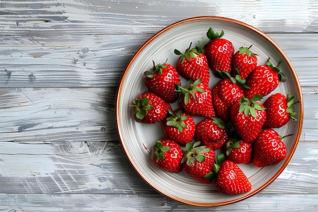 Een bord met aardbeien op een houten tafel.