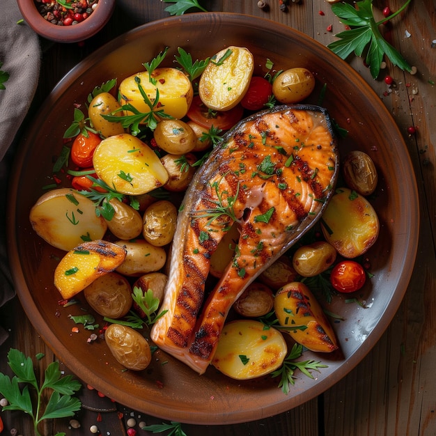 Foto een bord met biefstuk zalm met aardappelen, aardappelen en tomaten