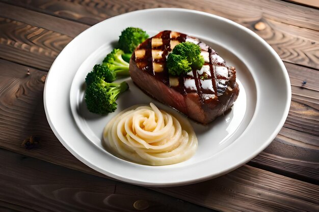Een bord met broccoli en een stuk vlees erop.