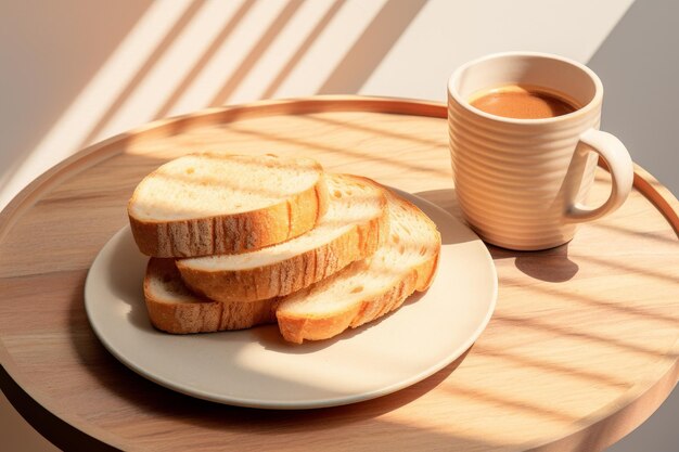 Een bord met brood en een kop koffie.