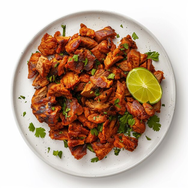 een bord met carne al pastor witte achtergrond uitzicht van boven Mexicaans eten