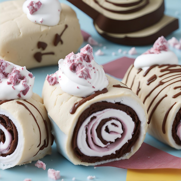 Een bord met chocoladebroodjes met een roze en witte swirl op de bovenkant.