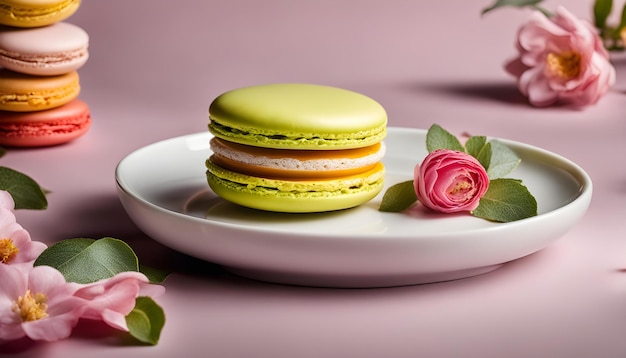 een bord met drie kleurrijke macarons erop