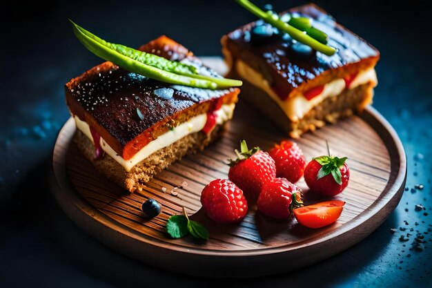 Foto een bord met een boterham en aardbeien erop