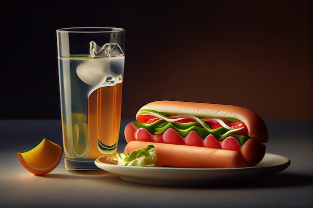 Een bord met een hotdog en een glas water erop