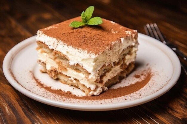 een bord met een plakje cake erop met een muntblaadje erop.