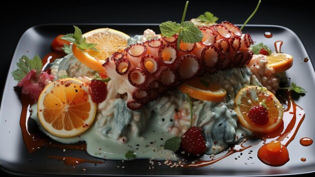 Een bord met een schaal met eten waarop een octopus staat ai