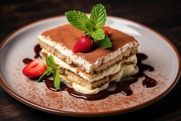 Foto een bord met een stapel pannenkoeken met chocoladesiroop en aardbeien erop