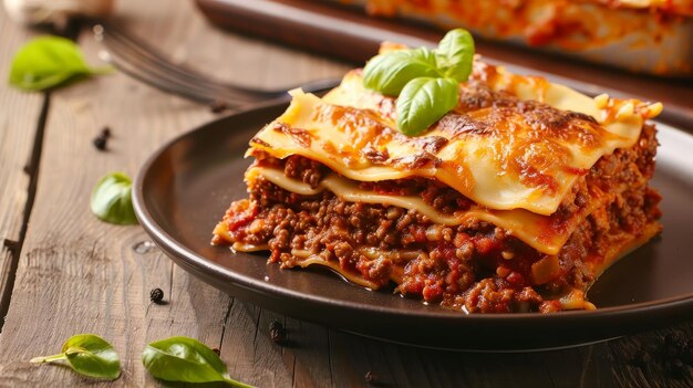 Foto een bord met een stuk lasagne met bolognese saus