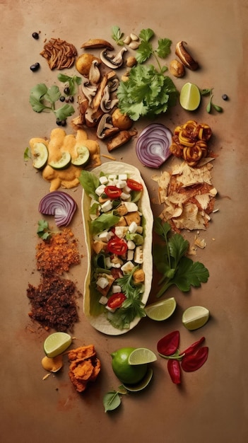 Een bord met een taco erop en een verscheidenheid aan eten erop.