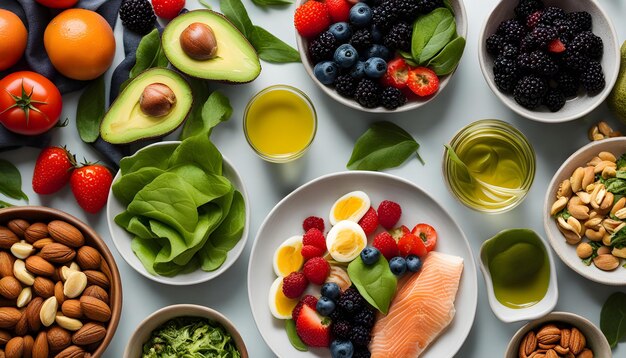 een bord met een verscheidenheid aan voedingsmiddelen, waaronder fruit, groenten en fruit