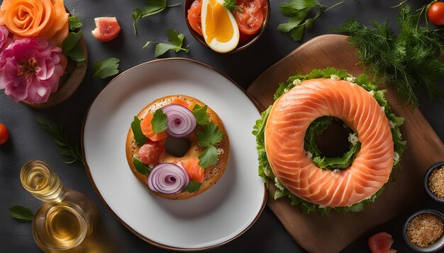 een bord met eten met een bagel en een bagel erop