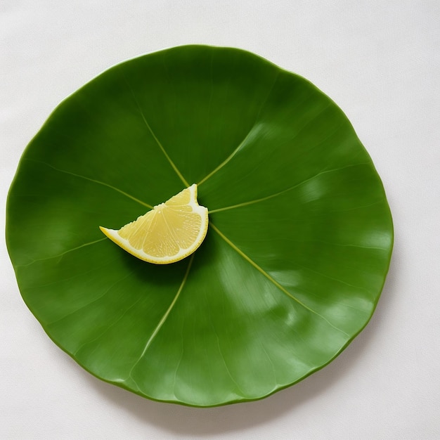 Een bord met eten met een blad erop.