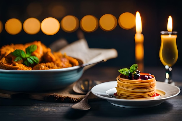 een bord met eten met een kaars waarop pannenkoeken staan