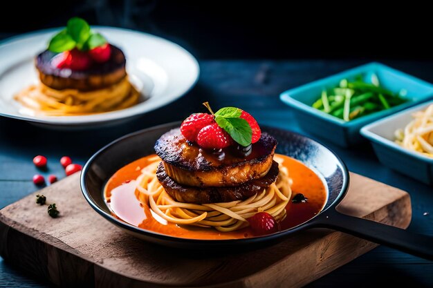 een bord met eten met een pannenkoek met aardbeien erop