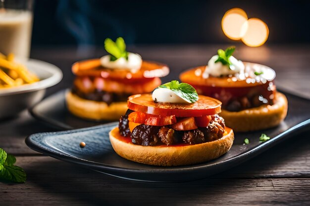 een bord met eten met een plakje tomaten erop