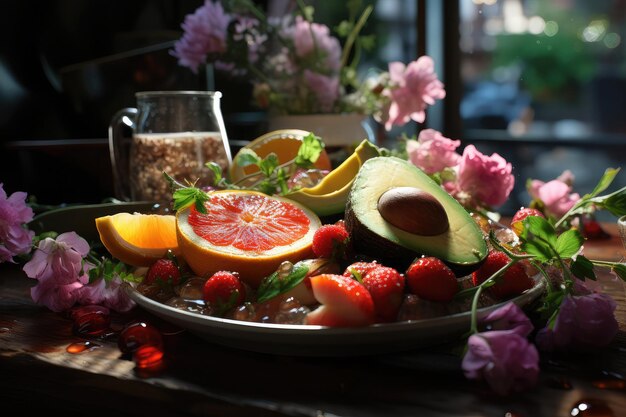 Foto een bord met fruit, avocado's en bloemen op tafel.