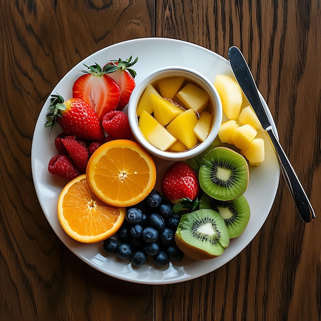 Een bord met fruit en een mes staat op een houten tafel.