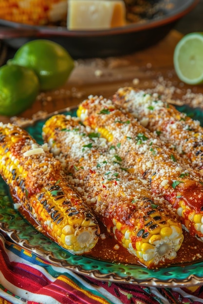 Een bord met gegrilde Mexicaanse maïs op de kolf bekroond met rode saus levendige kleuren toevoegen