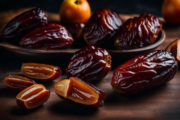 een bord met granaatappels en een appel op een tafel