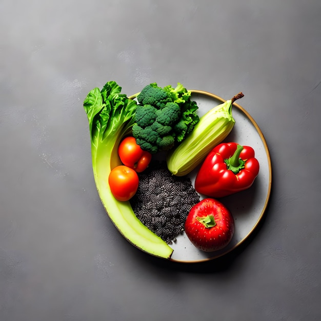 Een bord met groenten, waaronder broccoli, rode paprika en courgette.