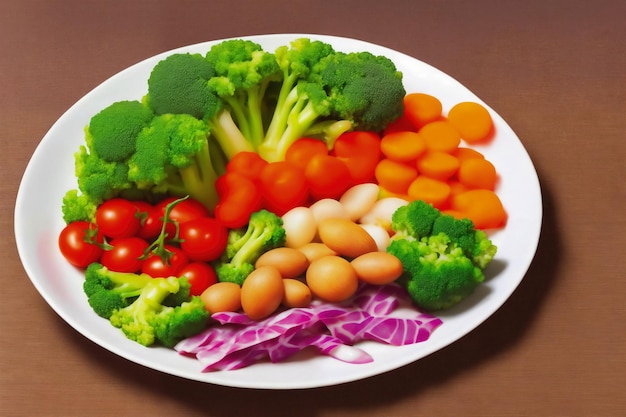 Een bord met groenten, waaronder broccoli, wortelen en eieren.
